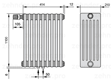 Схема (чертеж) Радиатор Zehnder Charleston 6110/9 №V007 Белый глянцевый RAL 9016